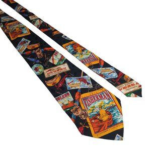Vintage Addiction Fisherman Theme Silk Necktie 56 Inches Lure Boat Dad Gift
